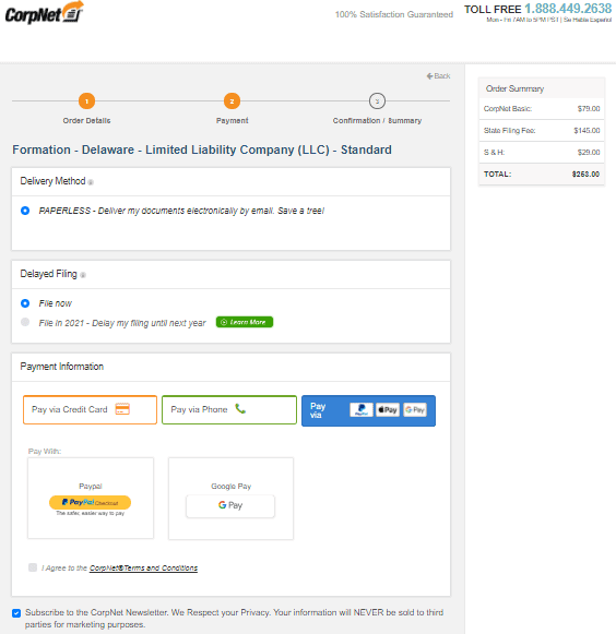 Payment screen in CorpNet