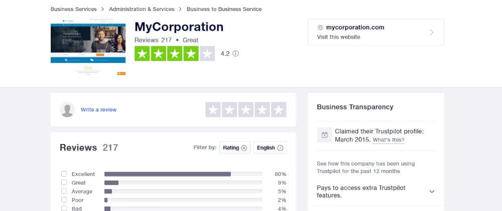 MyCorporation Rating On TrustPilot.