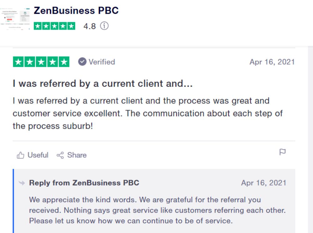 ZenBusiness Rating on TrustPilot.