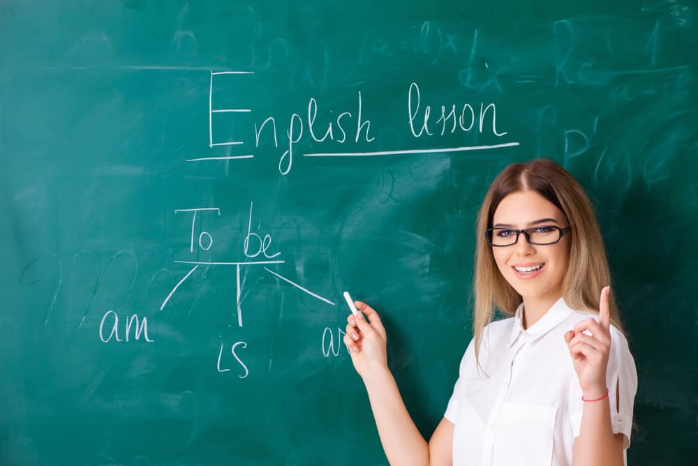 An ESL Teacher discussing in front of a class.