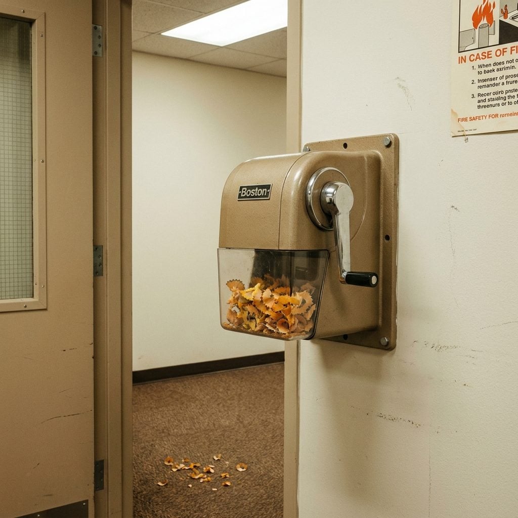 The Rotary Pencil Sharpener Bolted to the Wall Like It Might Try to Escape