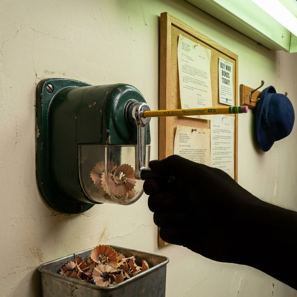 Sharpen a Pencil to a Perfect Point Using Only a Manual Sharpener Bolted to the Wall