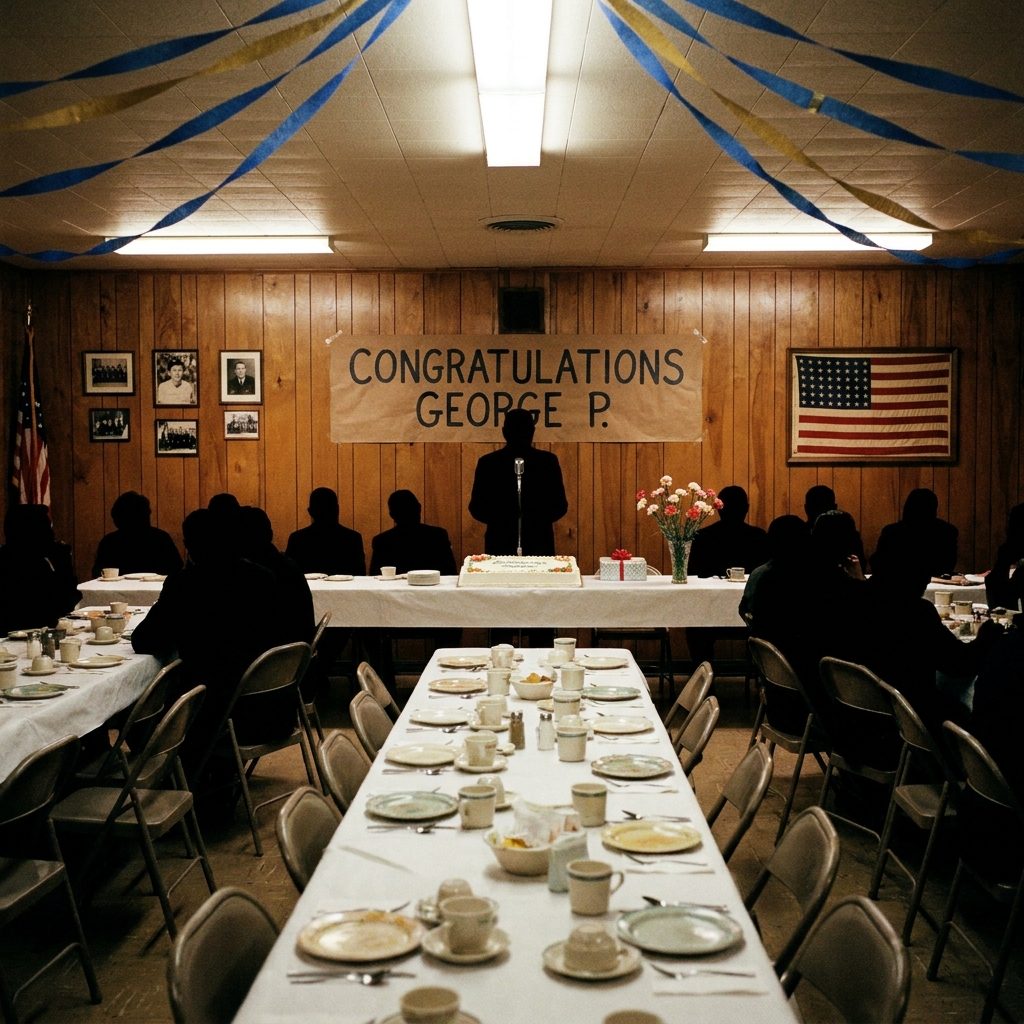 The Retirement Dinner at the VFW Hall with the Sheet Cake and the Speeches
