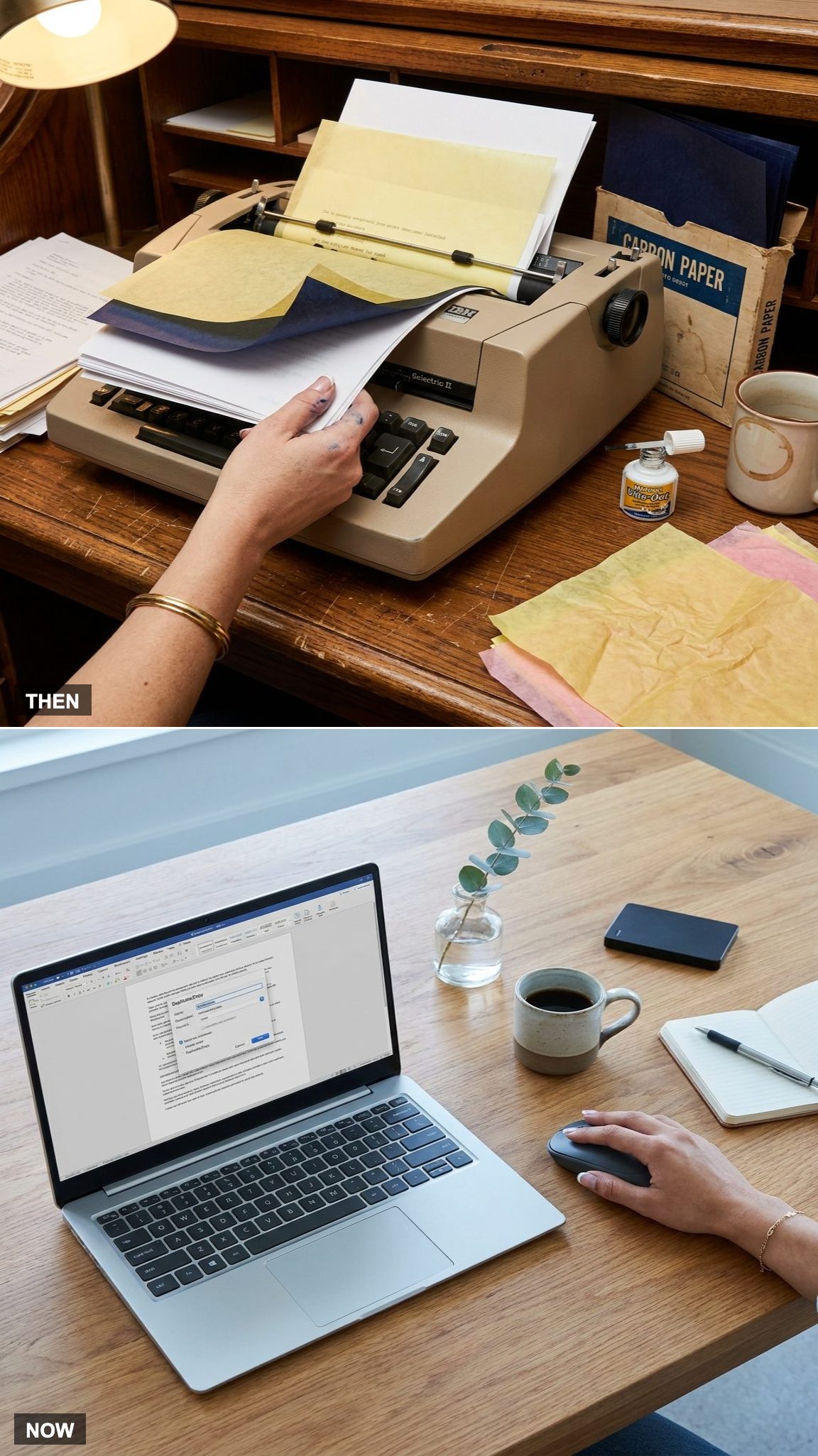 Before: Carbon Paper Made Copies | After: One Click Creates Unlimited Duplicates