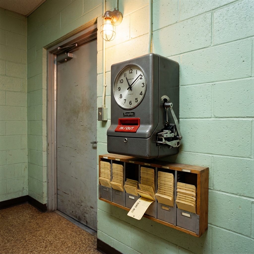 Clocking In on the Mechanical Punch Clock by the Break Room Door