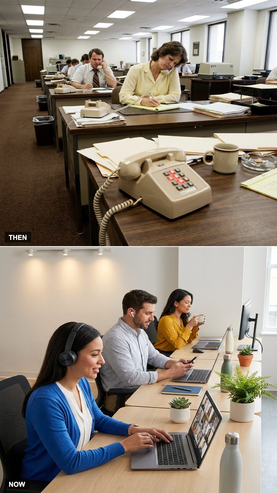Before: Landline Phones Never Stopped Ringing | After: Video Calls and Mobile Apps Handle Most Meetings