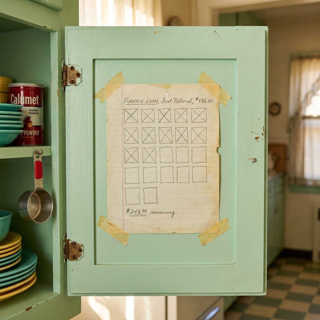 The Pencil Chart Taped Inside the Kitchen Cabinet Door