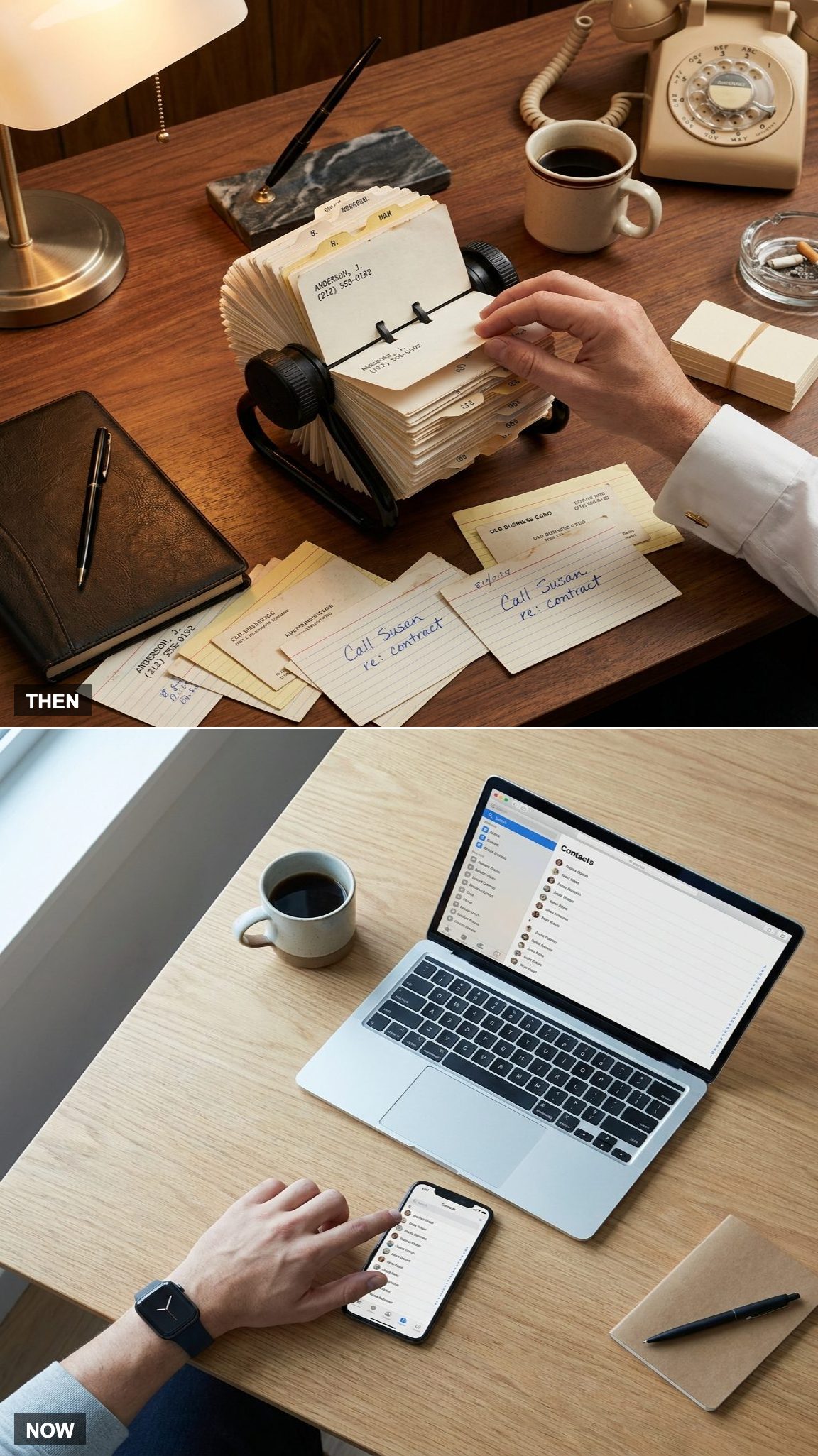Before: Rolodexes Held Every Business Contact | After: Contacts Sync Automatically Across Devices