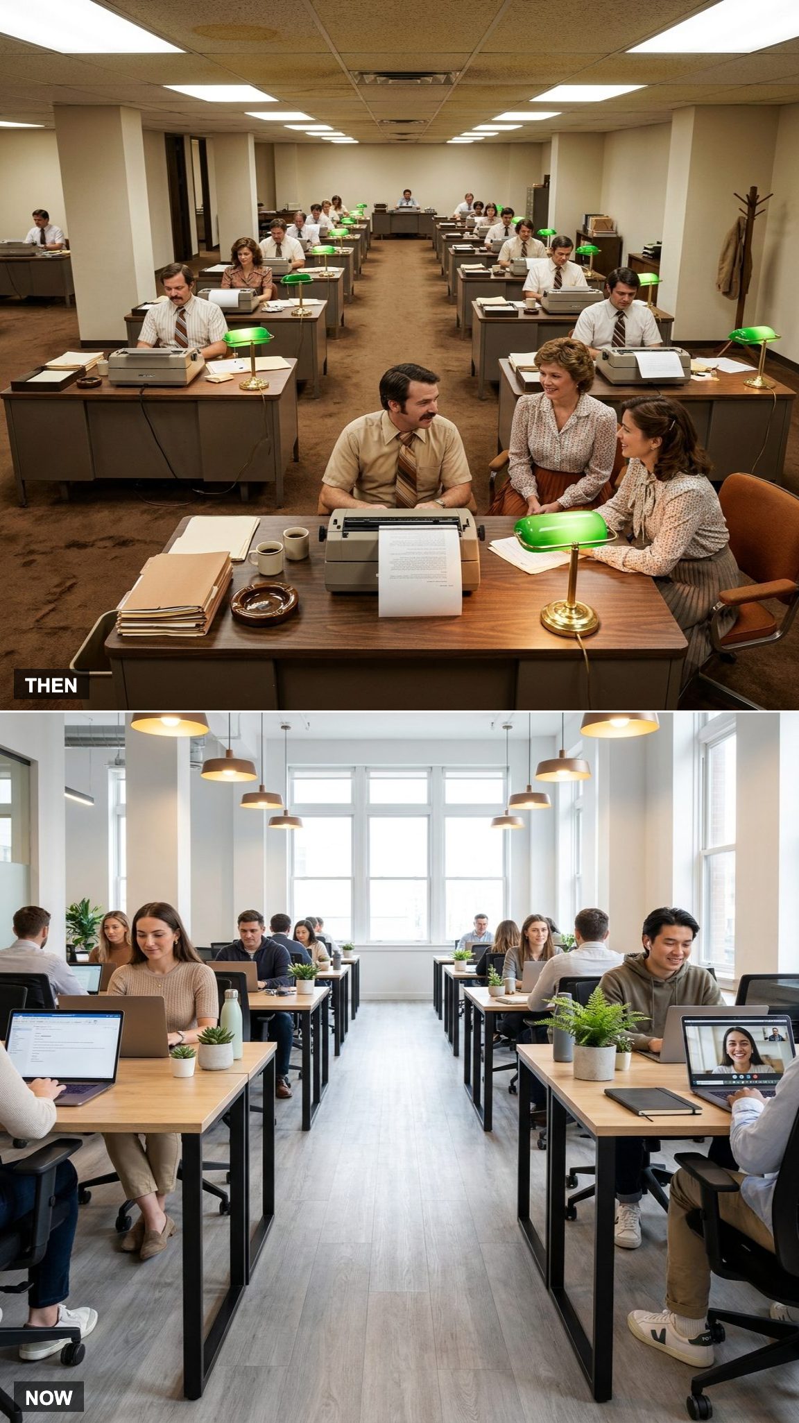 Before: Rows of Typewriters Filled the Office | After: Nearly Every Desk Has a Laptop