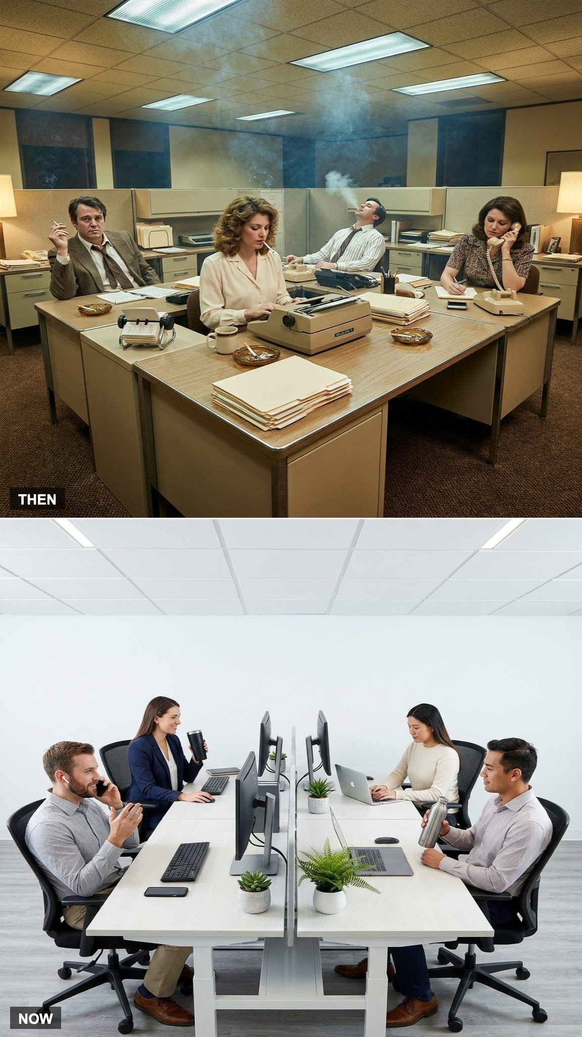 Before: Smoking Was Allowed in Many Offices | After: Smoke-Free Workplaces Are the Norm
