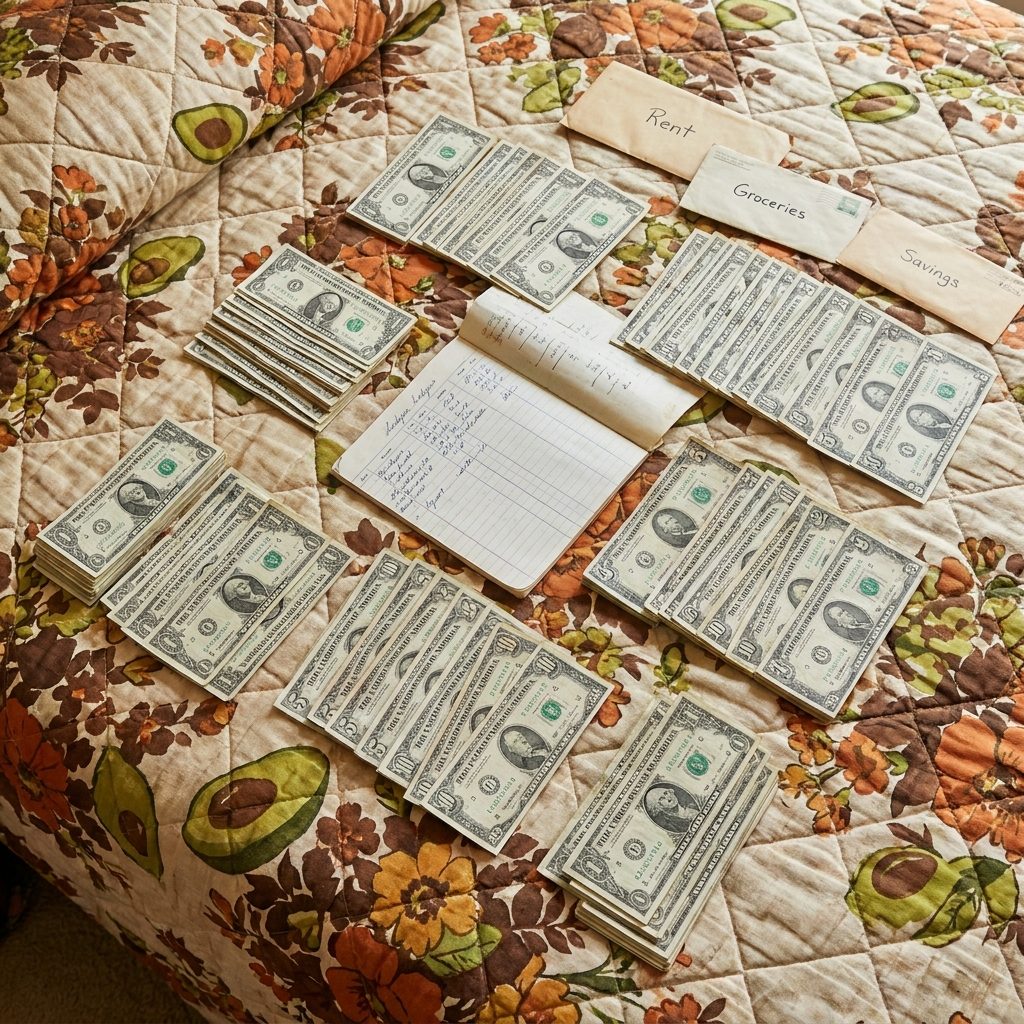 Splitting the Cash Into Piles on the Bed Because That Was the Budget System