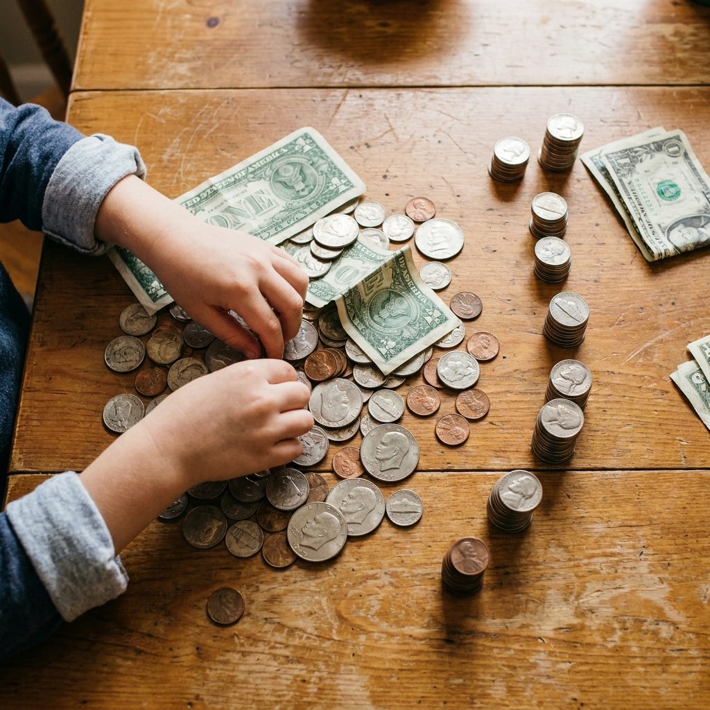 Counting Out Cash and Coins at the Kitchen Table