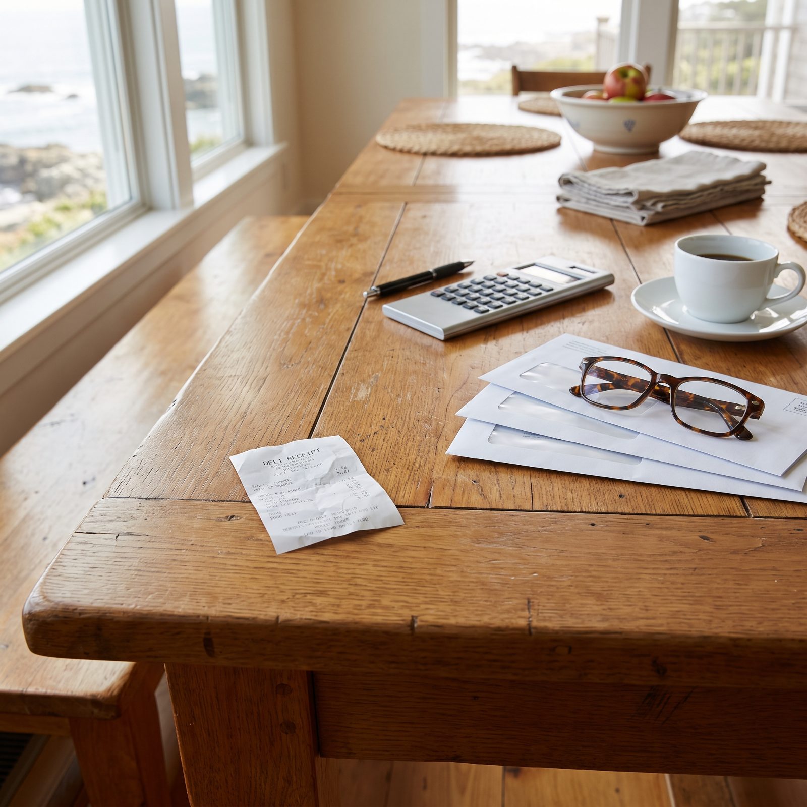 Kitchen table with a paper deli receipt beside a stack of household bills and a calculator.