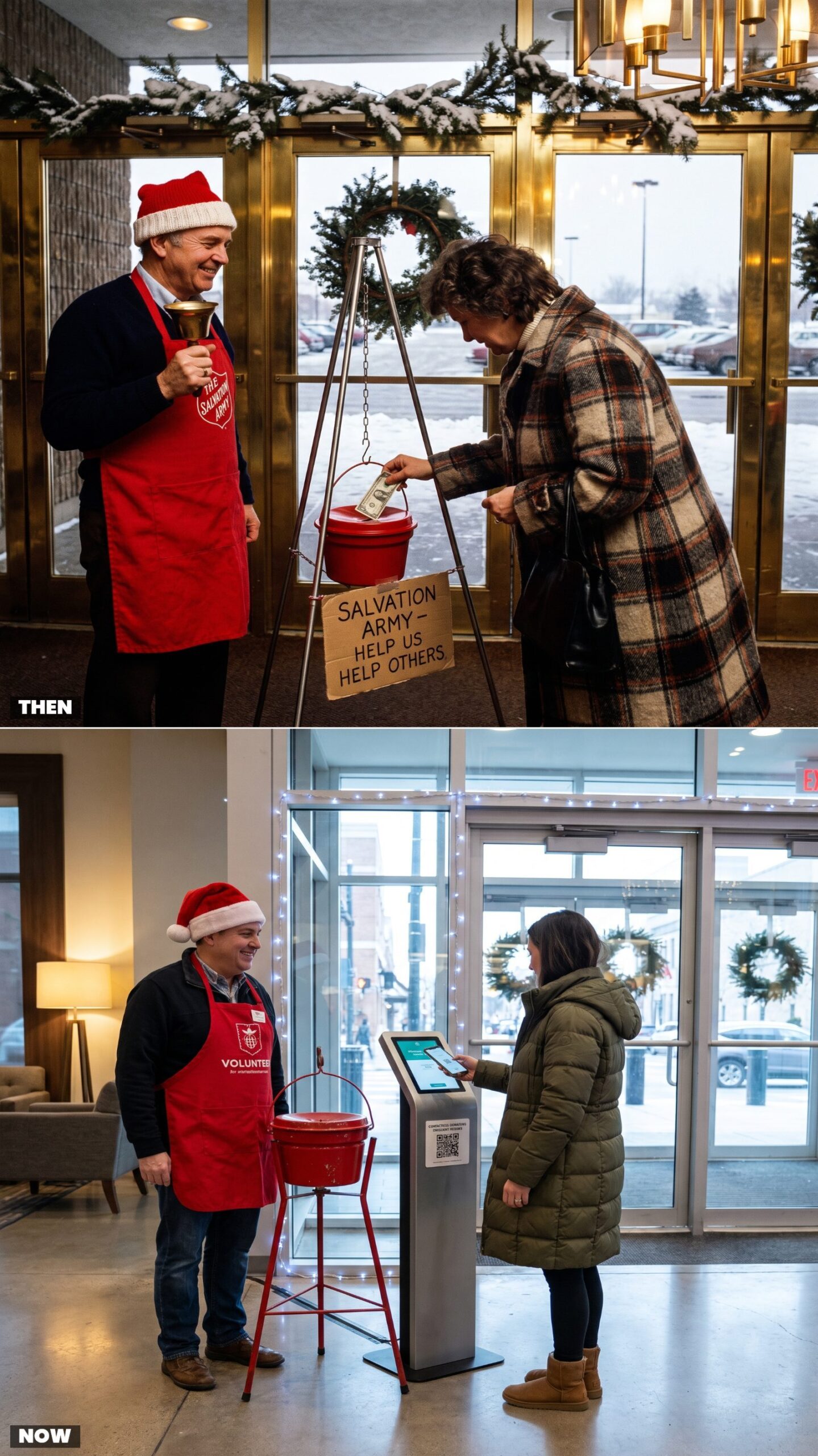 Dropping Cash Into a Salvation Army Kettle vs. Making a Contactless Donation