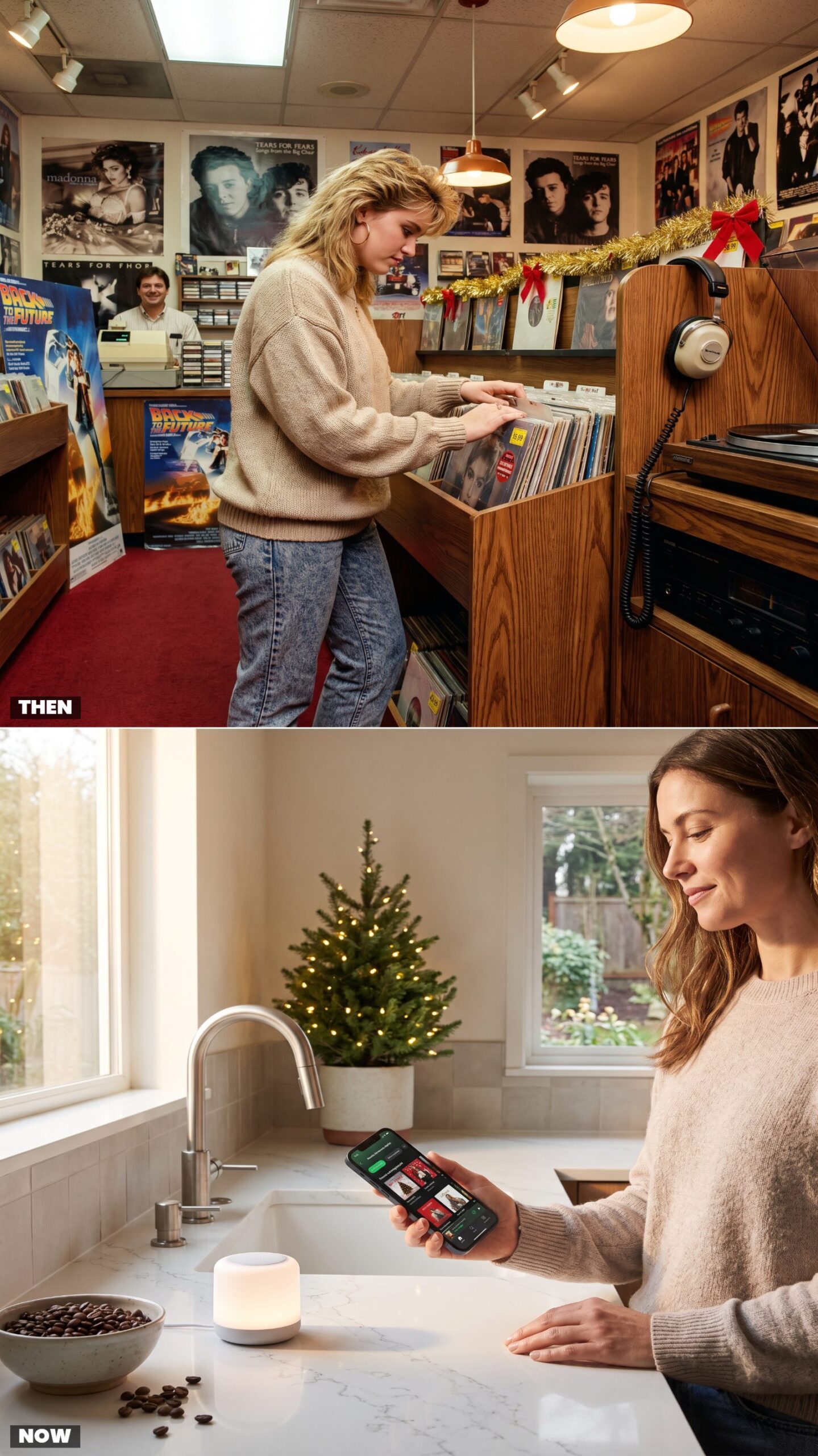Listening to Records at Sam Goody vs. Streaming a Holiday Playlist