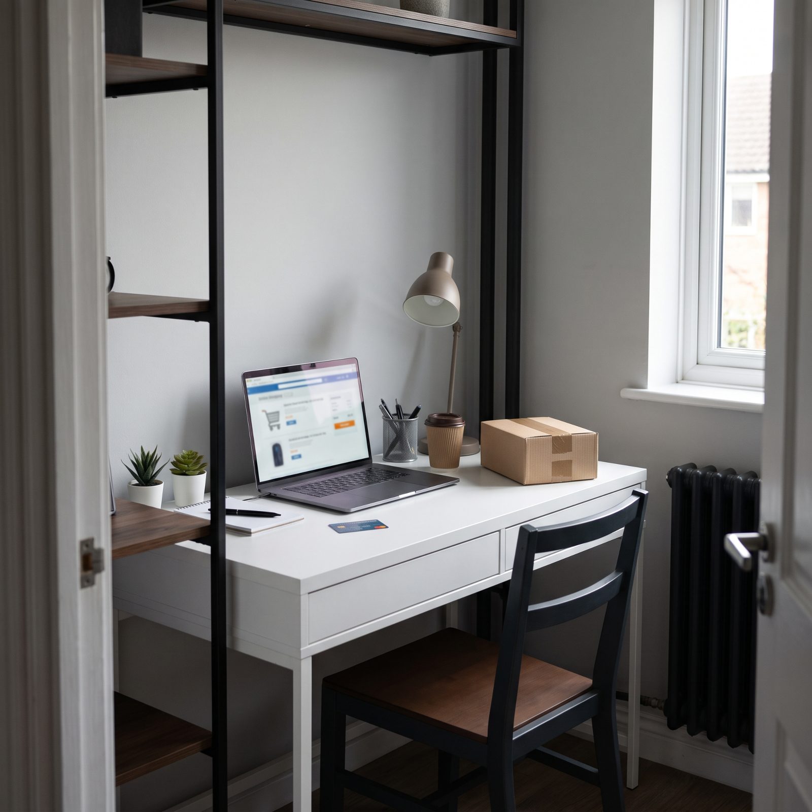 Desk with an open laptop showing a shopping cart, a debit card, and a small unopened delivery box.