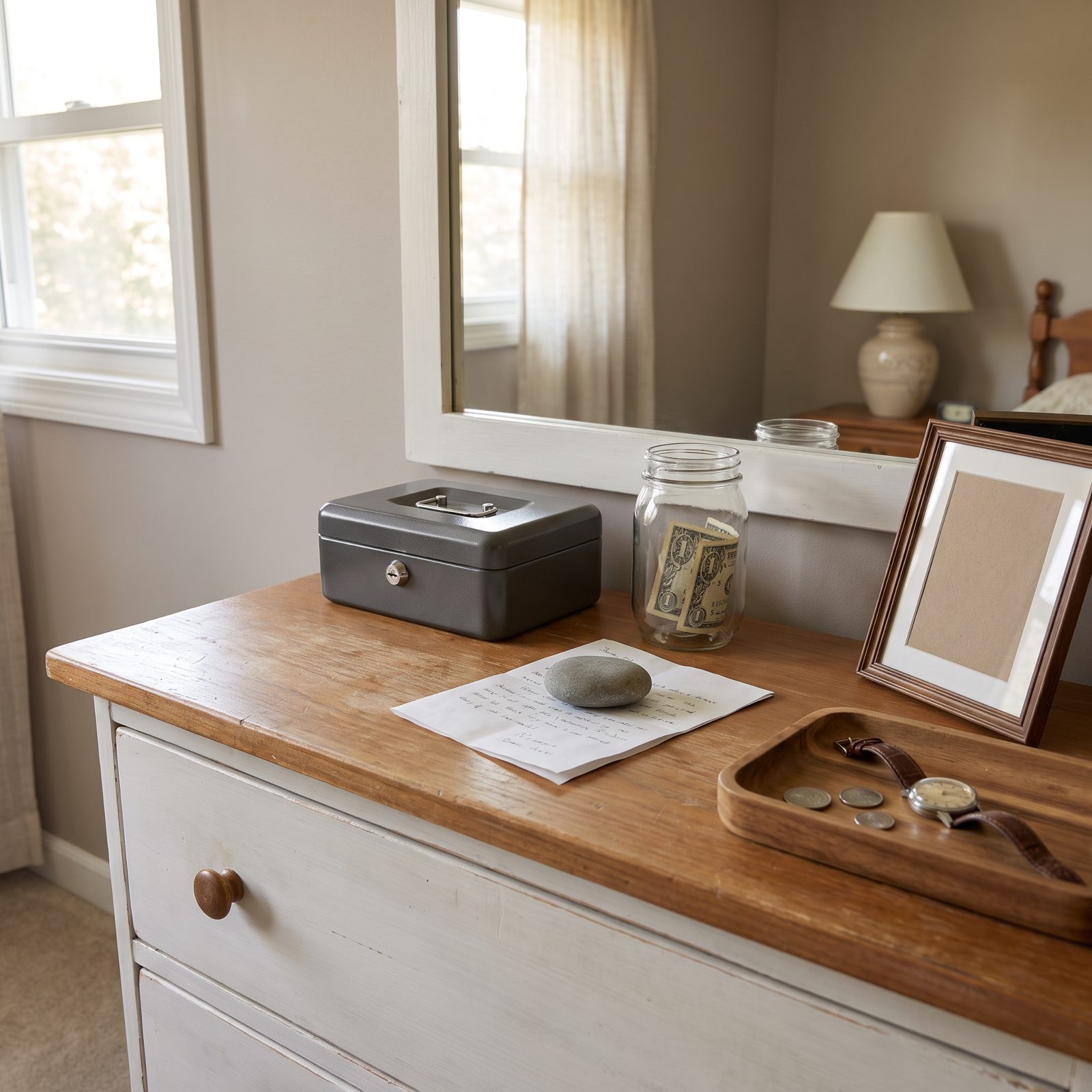 Dresser top with a small closed cash tin, a folded note, and a glass jar holding a few bills.