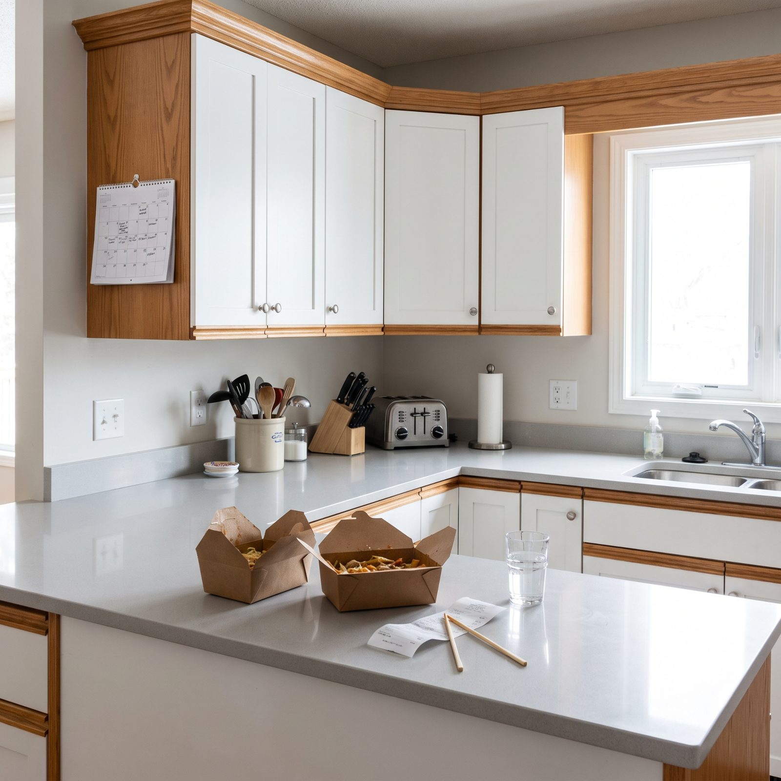 Kitchen counter with two takeout containers, a paper receipt, and a wall calendar showing the end of the month.