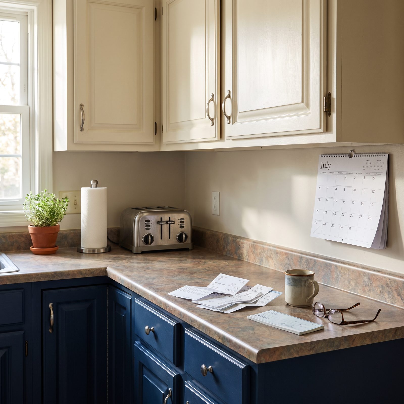 Kitchen counter with a small stack of paper bills, a checkbook, and reading glasses beside a wall calendar.