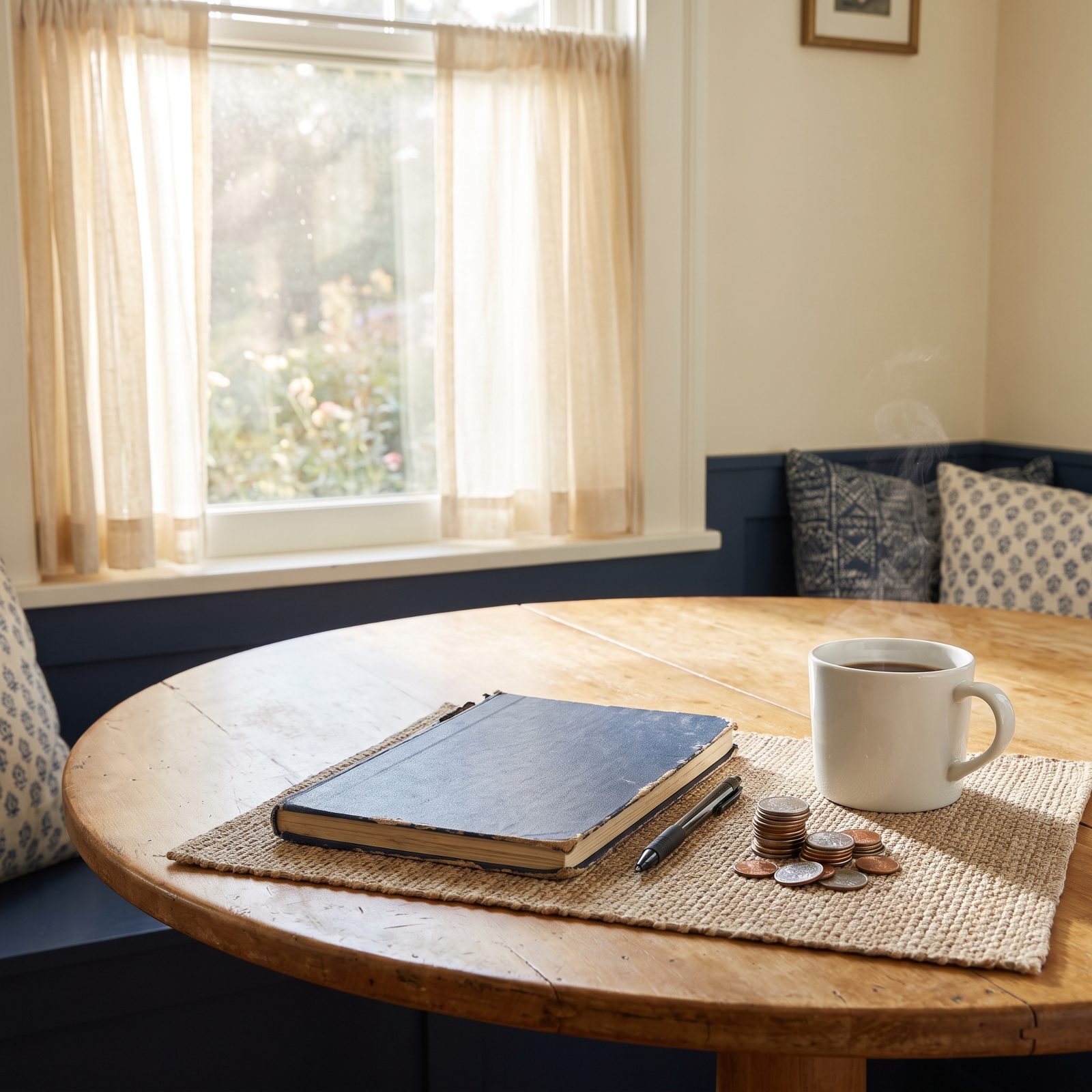 Dining table with a small stack of coins, a passbook-style notebook, and a pen in daylight.