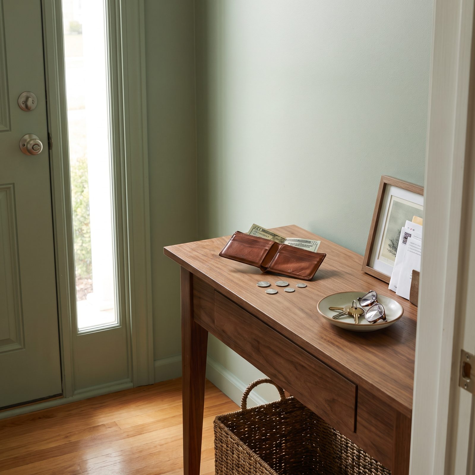Entryway table with a leather wallet, a few coins, and a set of keys in a shallow dish.