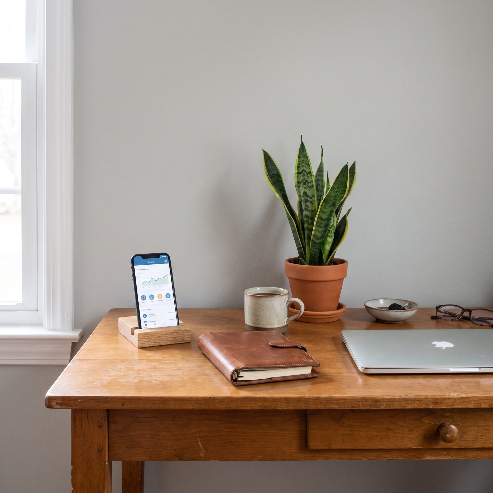 Home desk with a phone upright in a stand showing a banking app, beside a closed planner and coffee.