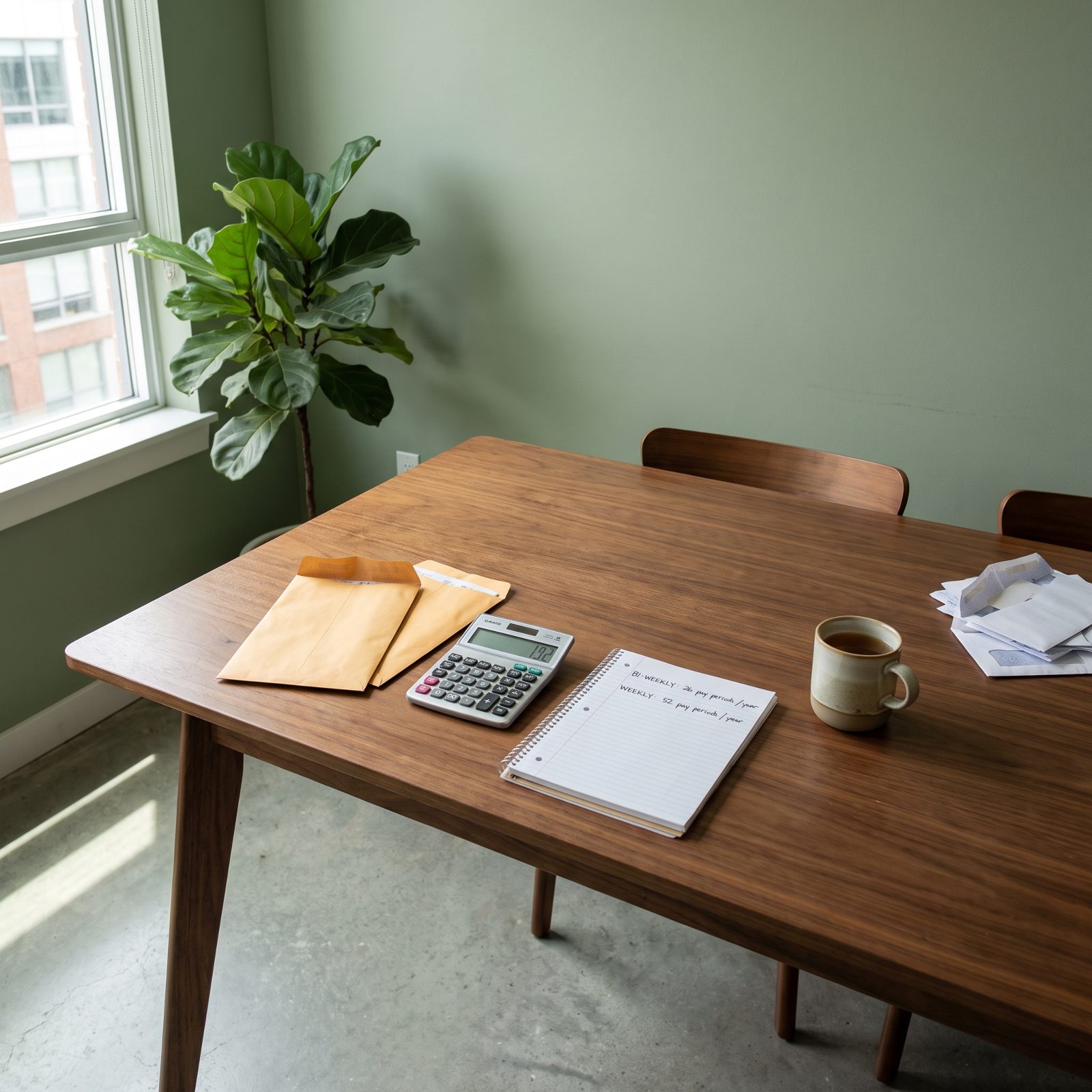Dining table with two pay-stub envelopes, a calculator, and a notepad with a pen in the crease.