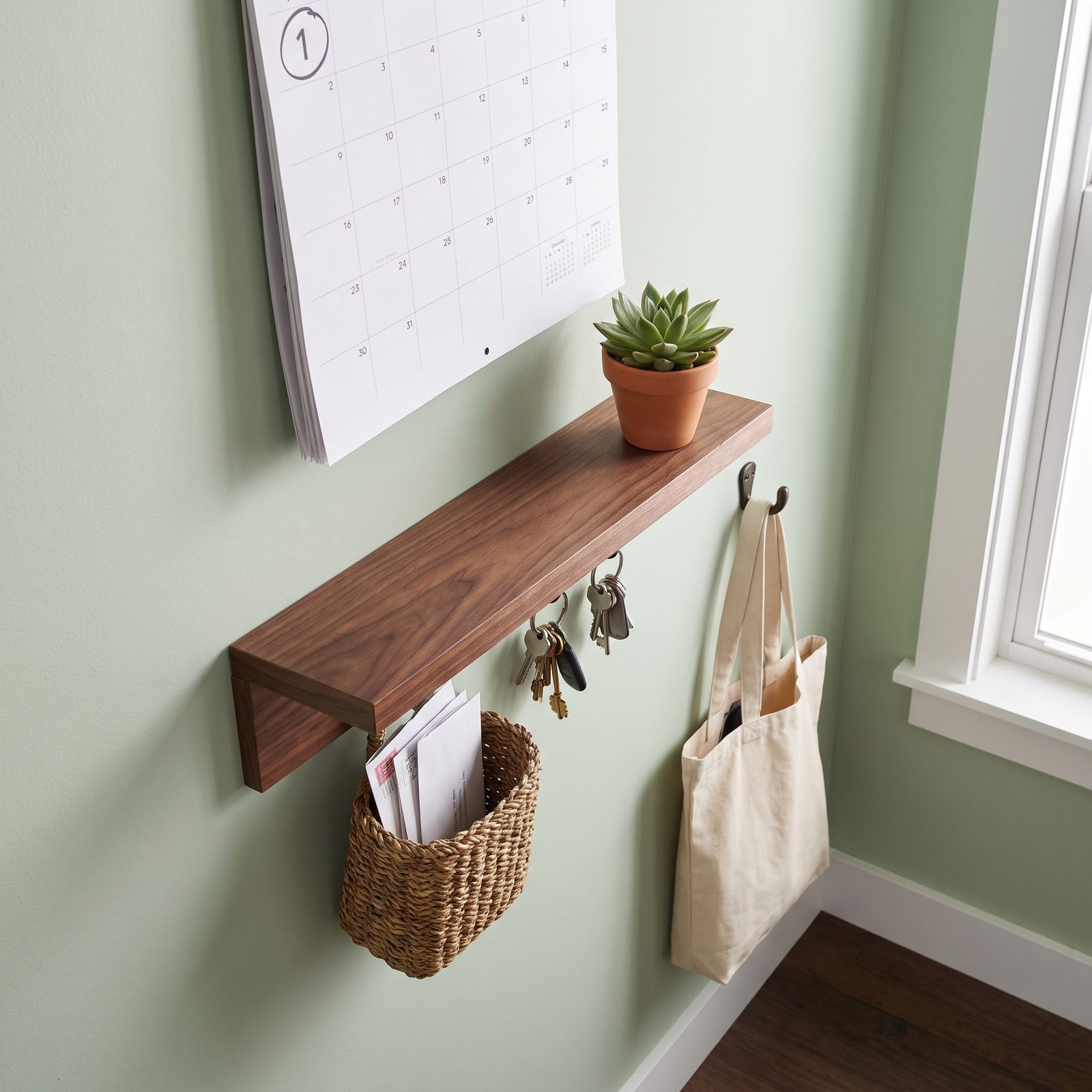 Wall calendar page with the first of the month marked, hanging above a small entry shelf.