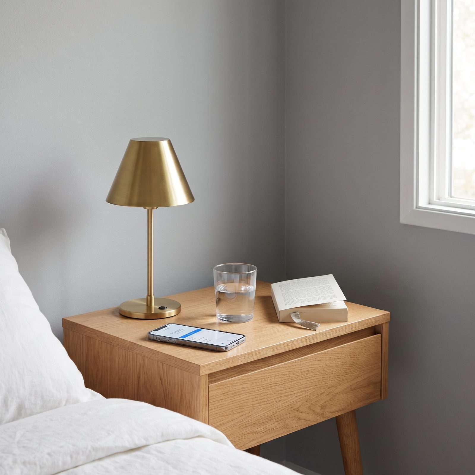 Nightstand with a phone face-up showing a plain app screen, a lamp, and a glass of water.