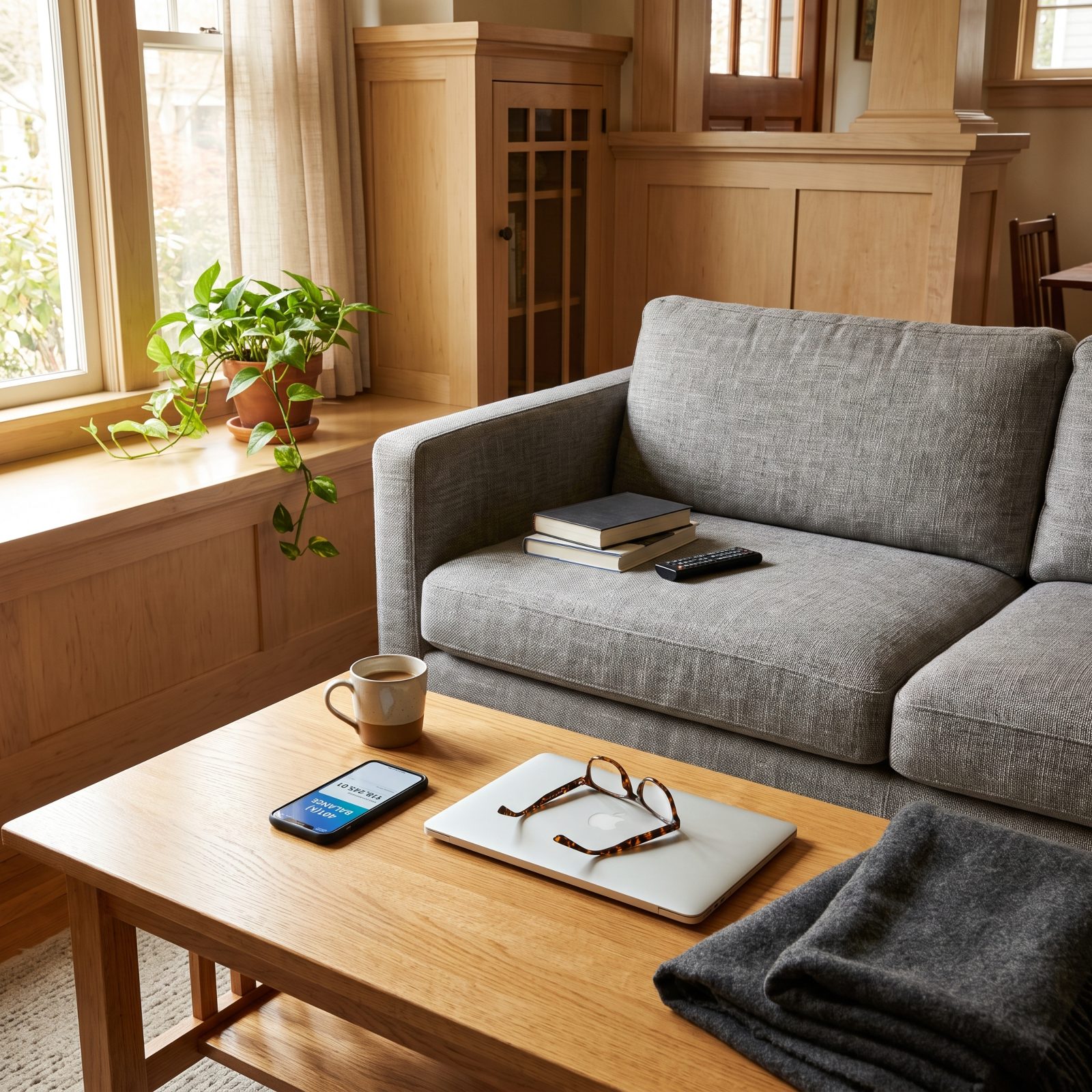 Living room coffee table with a smartphone lying face-down beside a closed laptop and a coffee mug.