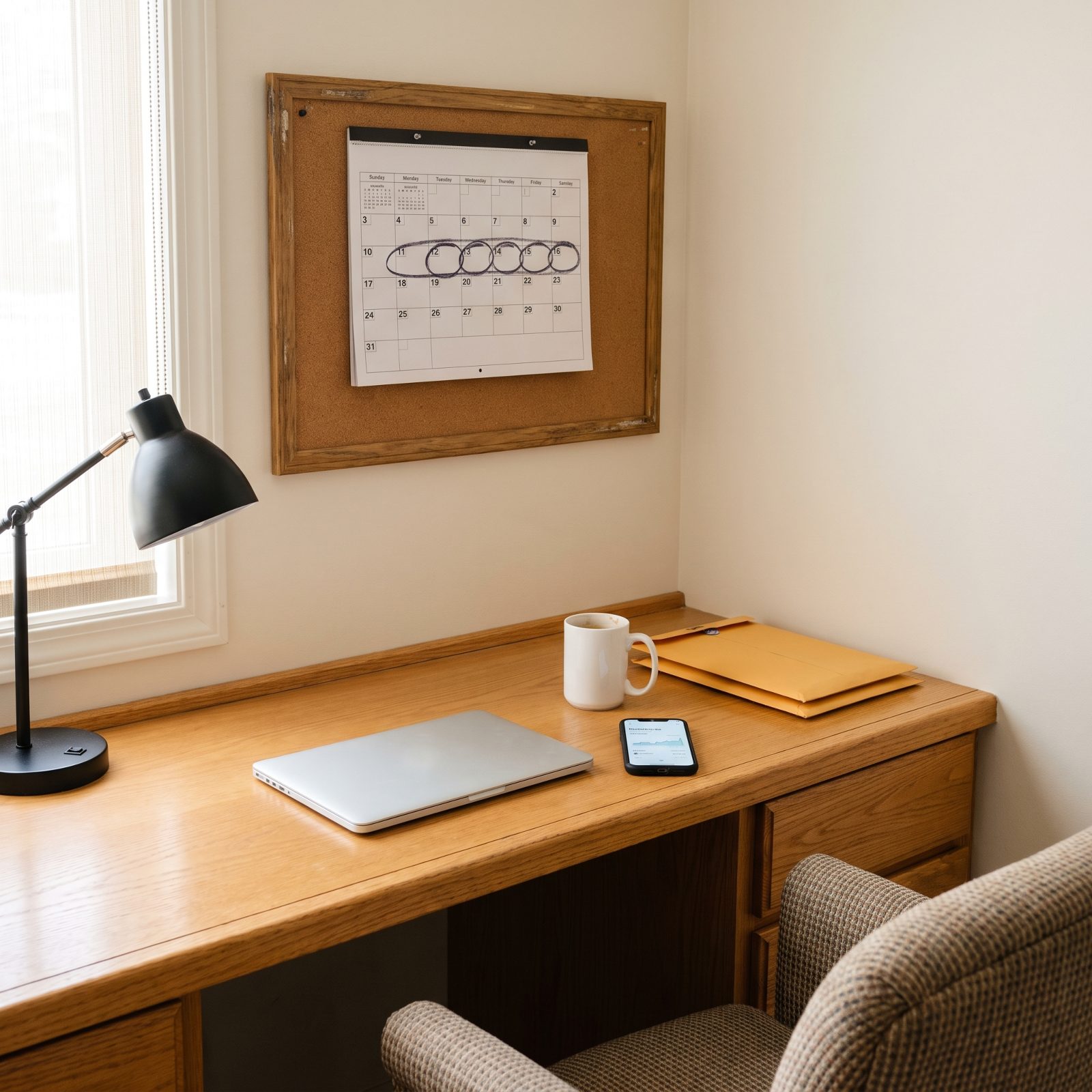 Home office desk with a laptop, a phone showing a banking app, and a wall calendar with one week circled.
