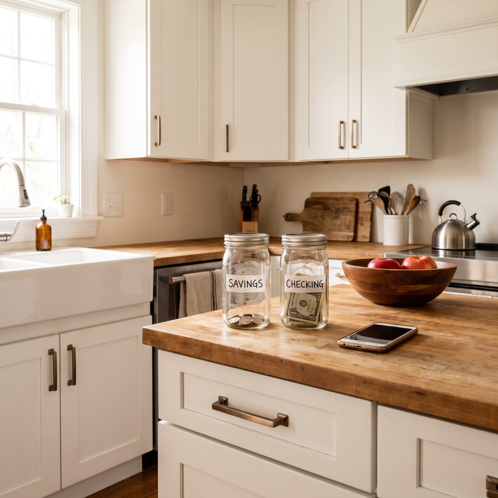 Kitchen counter with two mason jars, one holding folded bills and one nearly empty, beside a phone.