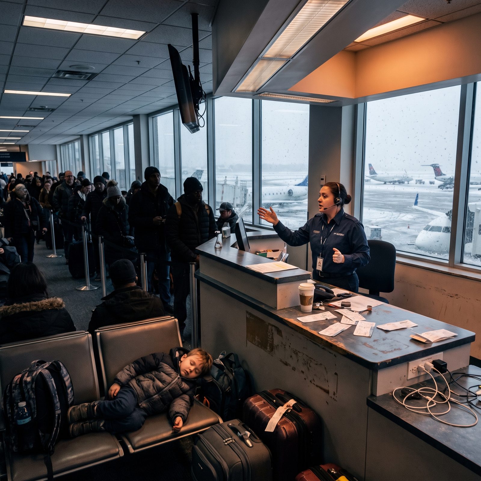 Airport Passenger Agents Rebooking Disrupted Families
