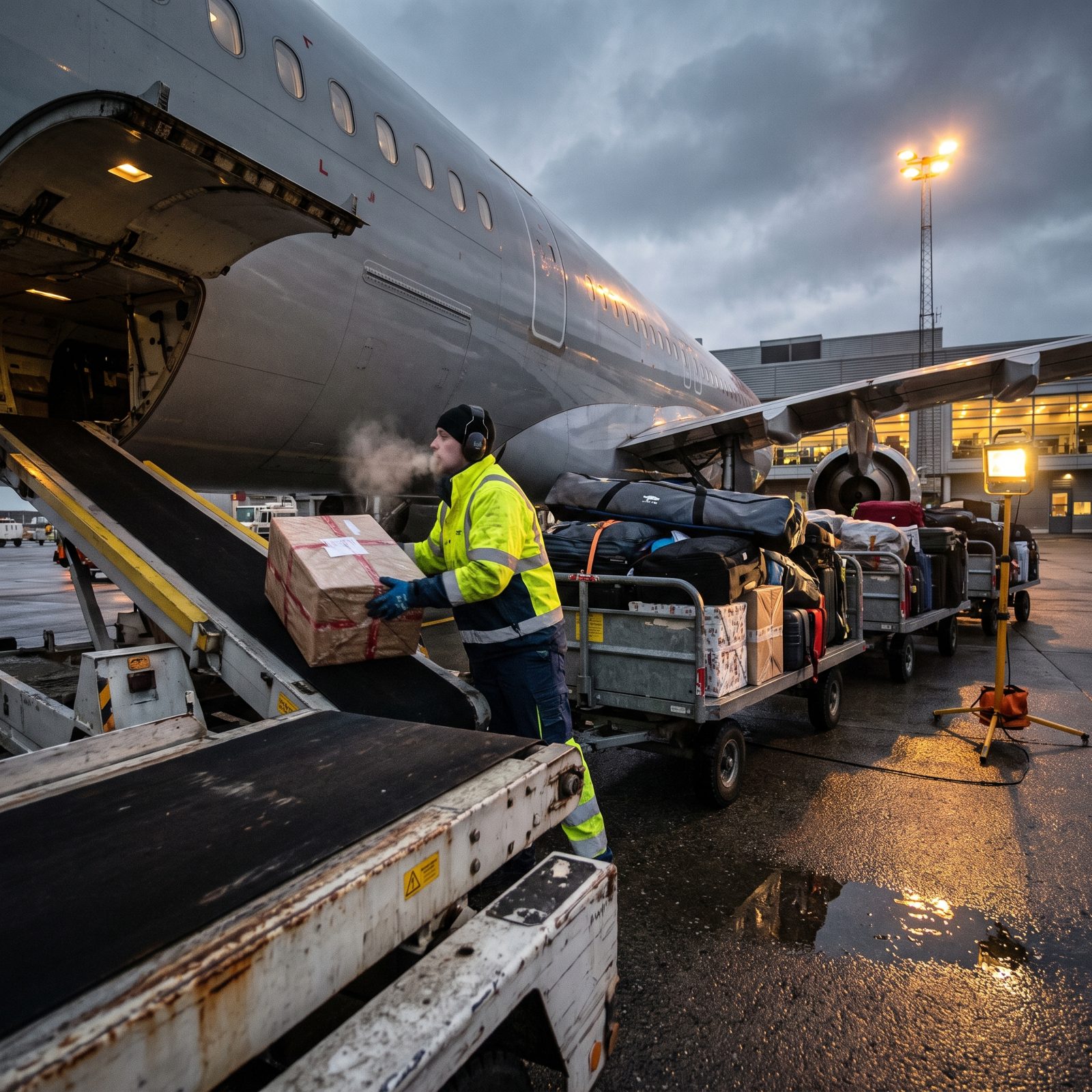 Baggage Handlers Moving a Surge of Suitcases and Gifts