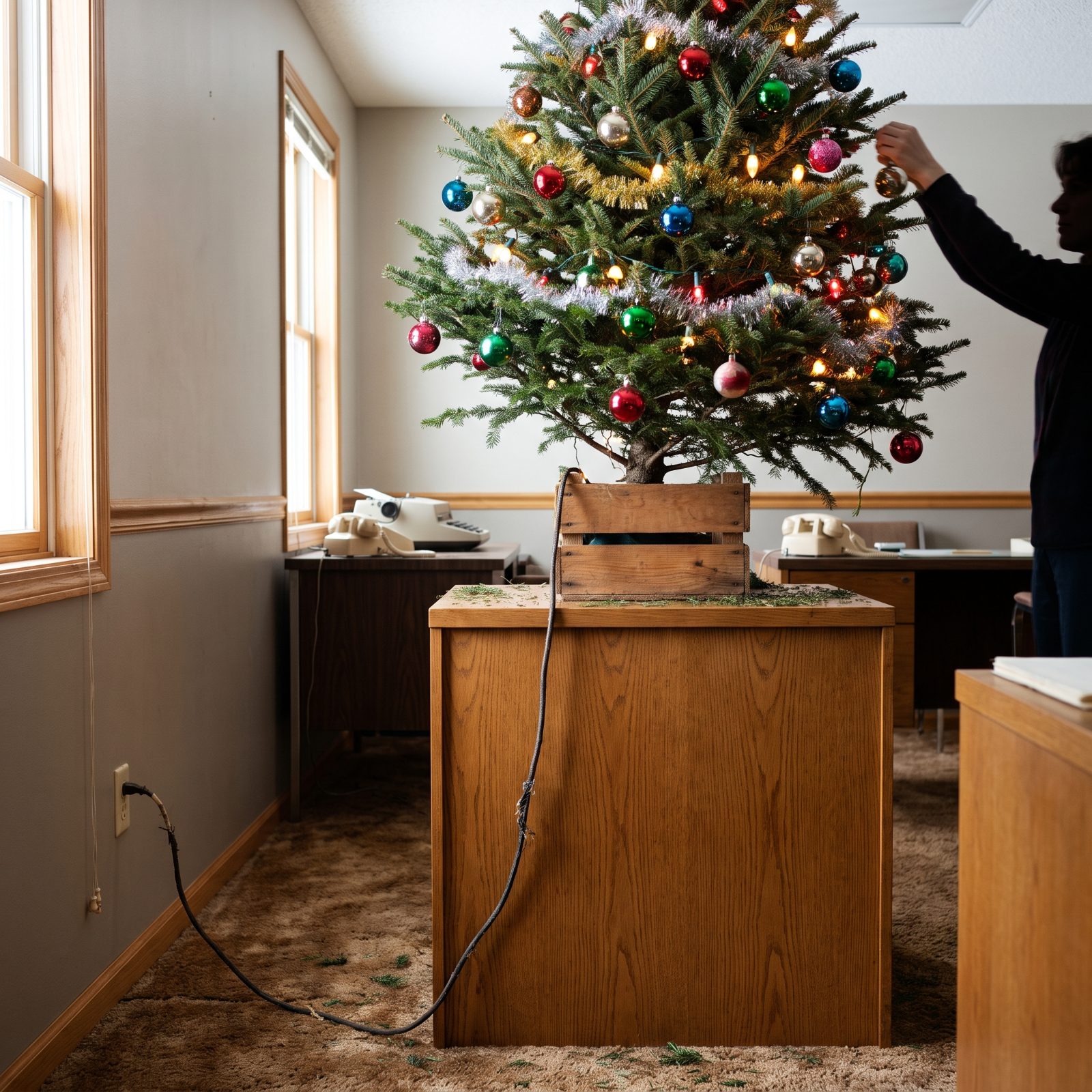 Balancing a Real Christmas Tree on Office Furniture