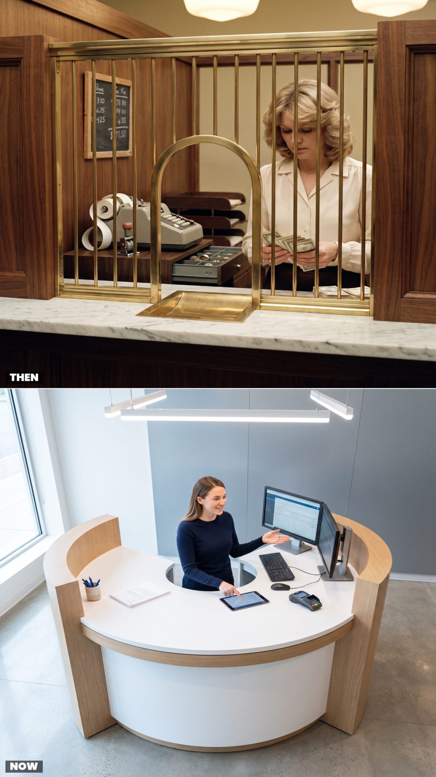Brass Teller Cages Became Open Banker Pods