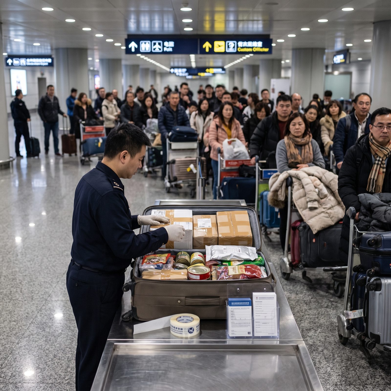Customs Officers Processing International Gifts and Travelers