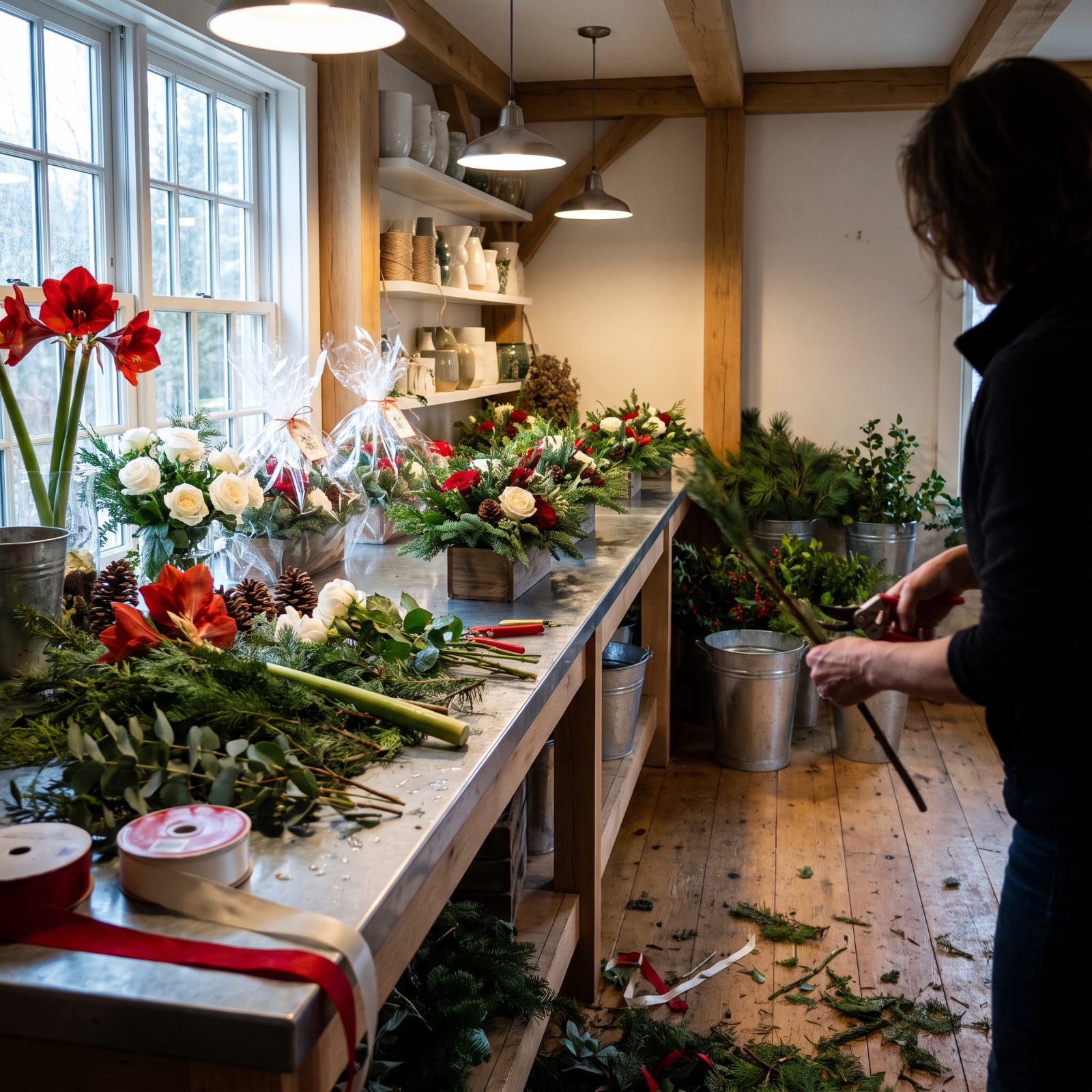 Florists Building Christmas Centerpieces Against the Clock