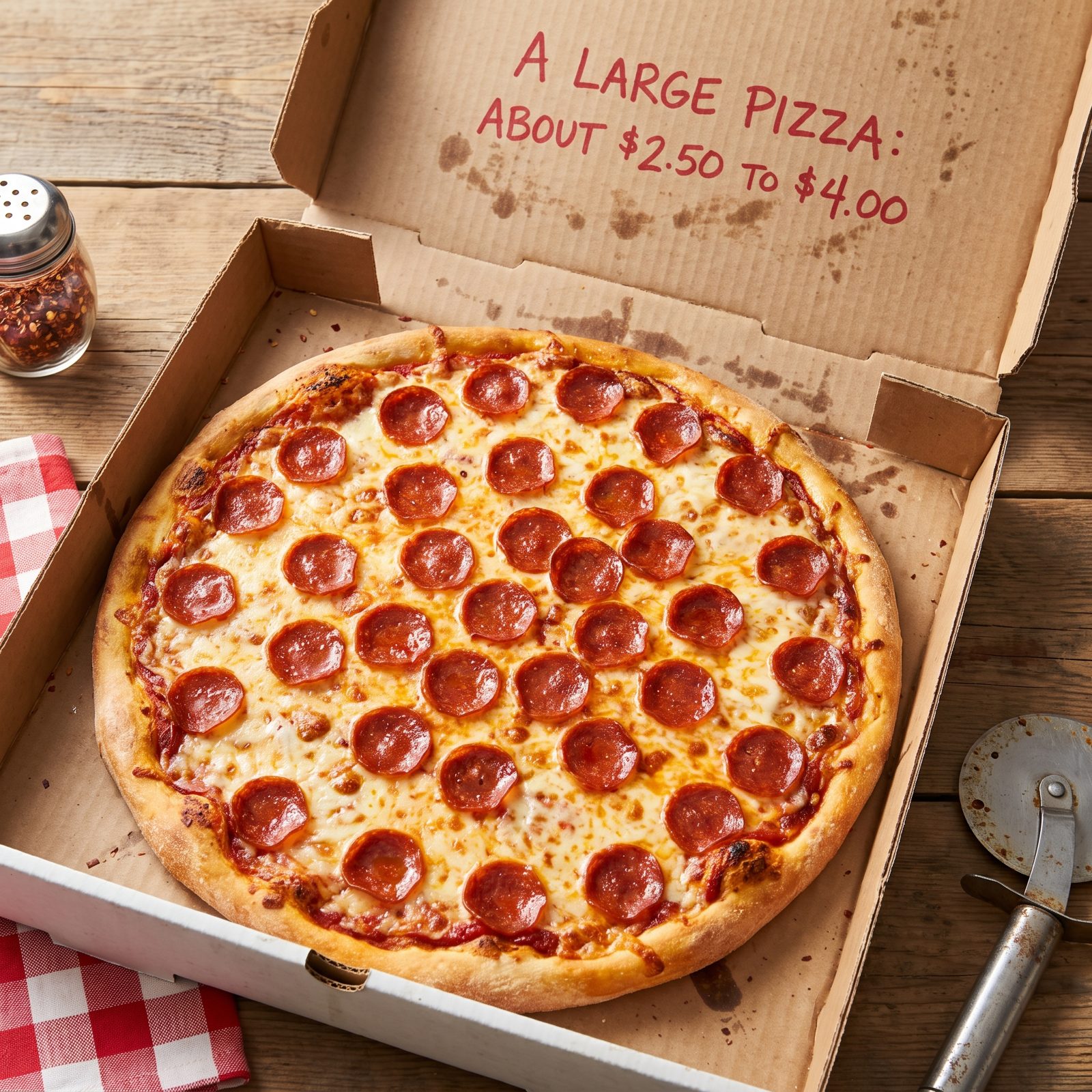 A Large Pizza: About $2.50 to $4.00