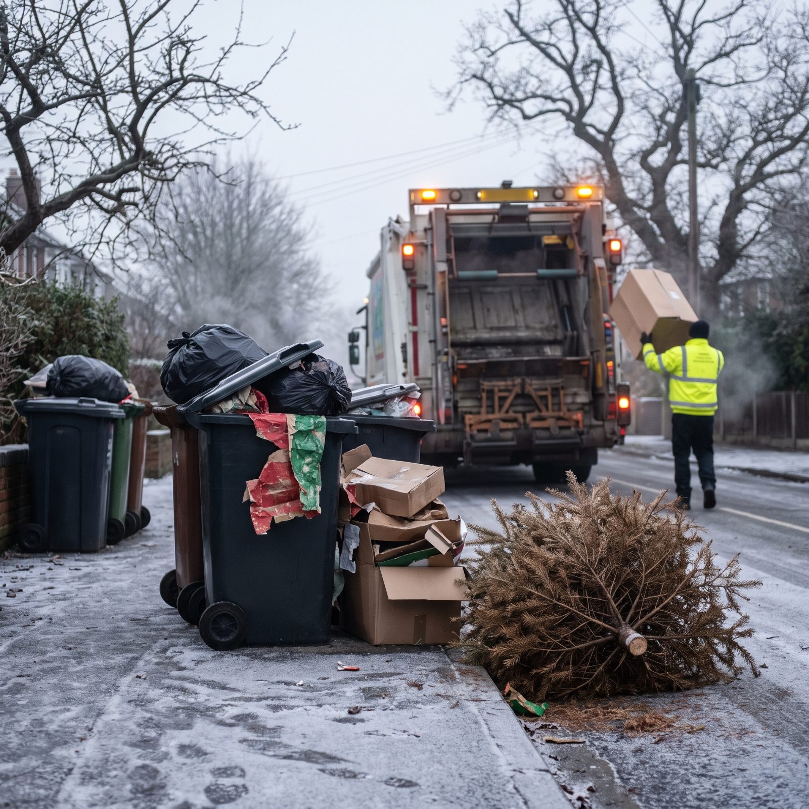 Waste Collectors Hauling the Mountain of Holiday Rubbish